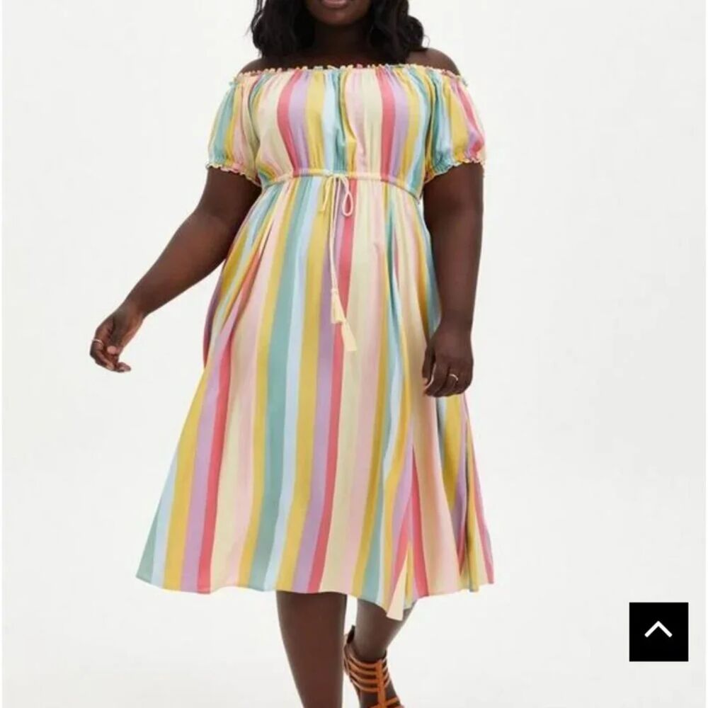 Torrid Pastel Rainbow Striped Off Shoulder Midi Dress Sz. 3 Pride/Summer